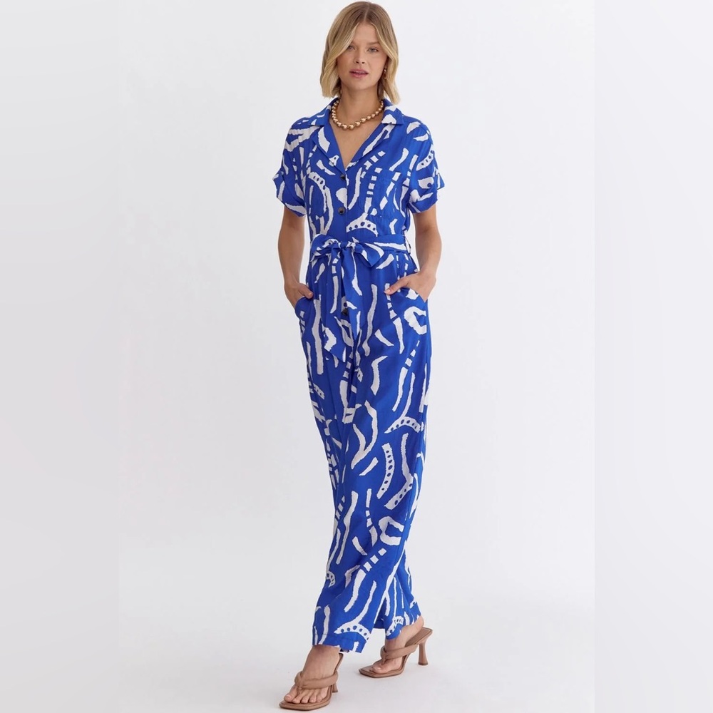 Entro Royal Blue and White Jumpsuit with Tie Waist